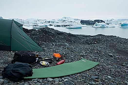 野营,岩石,堤岸,结冰,湖,冰岛,欧洲