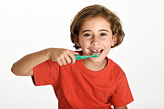 高兴,小女孩,刷,牙齿,牙刷,隔绝,白色背景,背景,棚拍