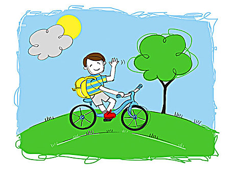 插画,男孩,骑自行车