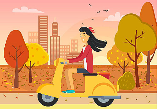 女人,驾驶,摩托车,秋天,城市公园,女性,骑,黄色,城镇,公园,矢量,插画,女孩,围绕,金色,树,建筑,远景