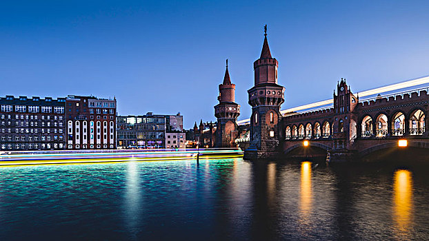 柏林,桥,痕迹,灯,船,列车,晚上,德国,欧洲