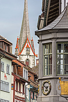 彩色,半木结构房屋,教堂塔,寺院,教堂大街,莱茵,沙夫豪森,瑞士