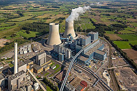 航拍,电厂,能源,火力发电站,靠近,核电站,哈姆,地区,北莱茵威斯特伐利亚,德国,欧洲