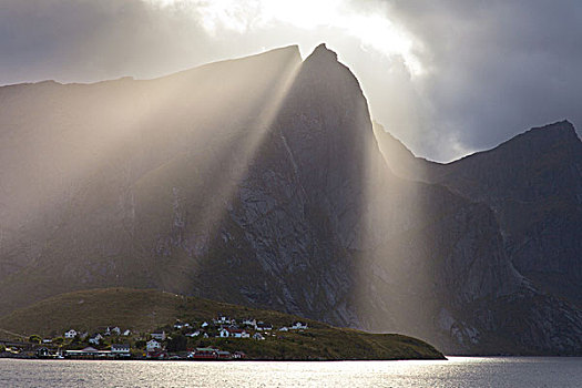 阳光,山,纯,风暴,北方,北极圈,夏天,罗弗敦群岛,挪威