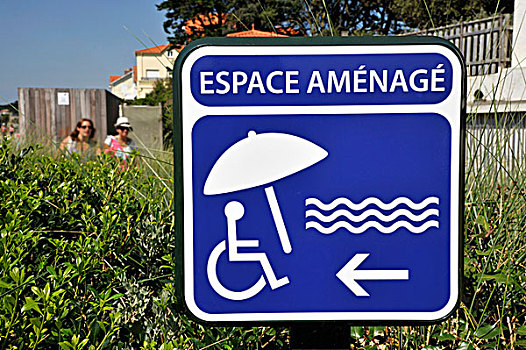 法国,大西洋卢瓦尔省,标识,边缘,海滩,指示,区域,人,轮椅