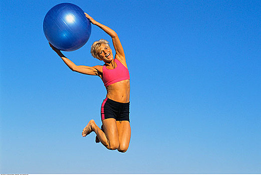 女人,跳跃,空中,健身球