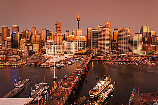 澳大利亚,悉尼,港口,桥,俯视图,黃昏