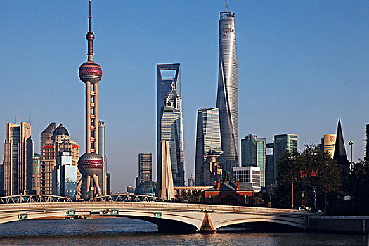 从上海苏州河乍浦路桥眺望浦东陆家嘴,上海中心大厦已巍然矗立