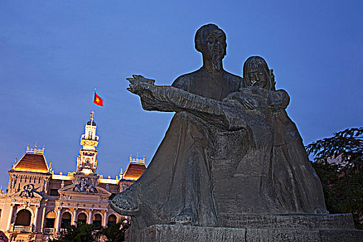 越南,胡志明市,胡志明,雕塑,市政厅