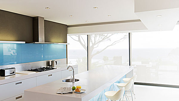 现代,白色,厨房,厨房操作台,凳子