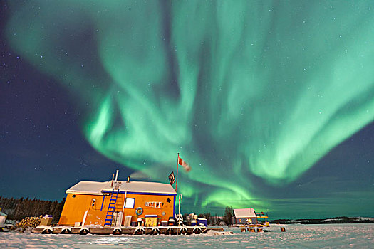 北极光,高处,船屋,冰冻,冰,耶洛奈夫,加拿大西北地区,加拿大