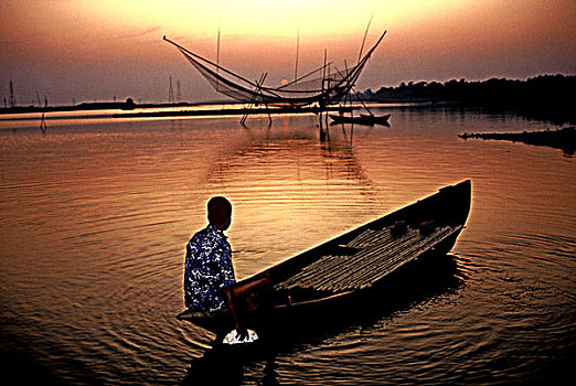 渔船,日落,孟加拉