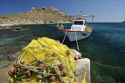 渔船,海洋,黄色,渔网,地上,正面,米克诺斯岛,基克拉迪群岛,希腊,欧洲