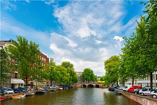 城市风光,阿姆斯特丹,运河,桥,船,荷兰
