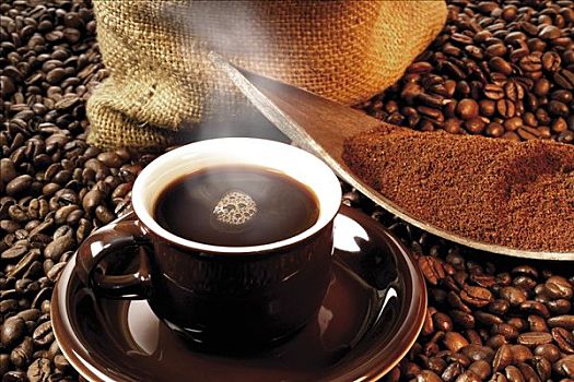 咖啡,褐色,杯子,地面,床,咖啡豆