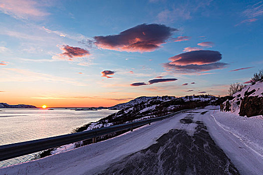 风景,冰,道路,峡湾,日落,挪威