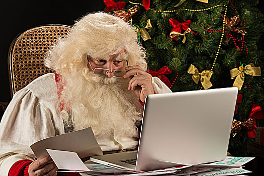 圣诞老人,工作,电脑,读,电子邮件,纸,文字,孩子,上方,世界