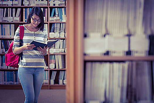 漂亮,学生,背包,读,书本,图书馆,大学