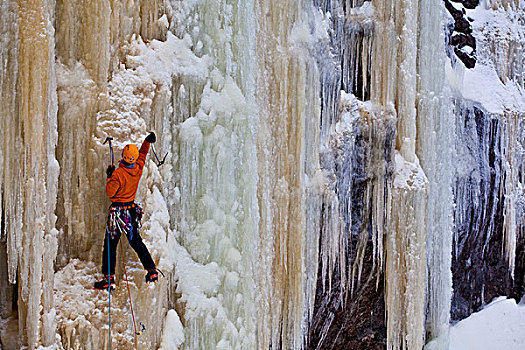 一个,男人,陡峭,彩色,攀冰,魁北克,加拿大