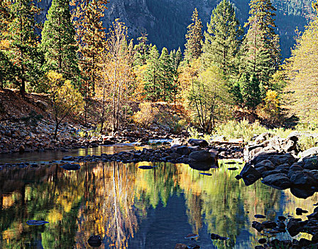 加利福尼亚,内华达山脉,优胜美地国家公园,秋色,默塞德河,优胜美地山谷,大幅,尺寸