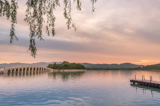 夕阳下的中国北京颐和园的湖泊园林建筑