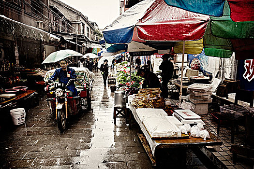 街道,食品市场,雨,张家界,湖南,中国,亚洲