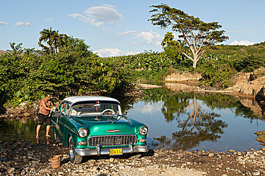 古巴,一个,男人,经典,美洲,汽车,河,户外,特立尼达