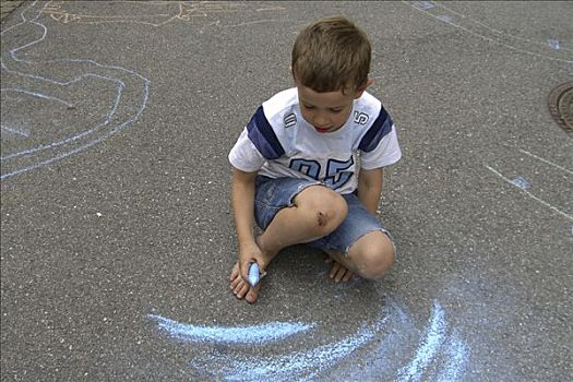 孩子,绘画,街上,蓝色,粉笔