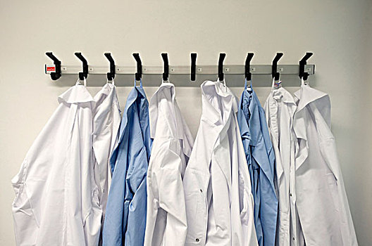 工作服,白色,蓝色,实验室,外套,钩,化学实验室
