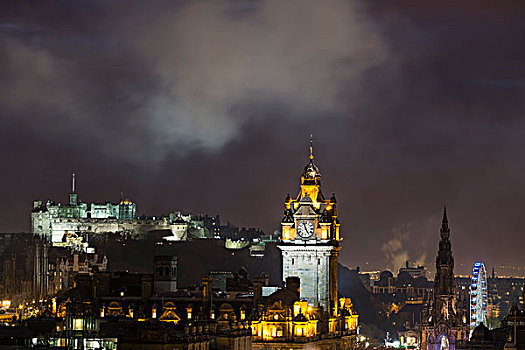 城市天际线,夜晚,山,爱丁堡城堡,爱丁堡,苏格兰