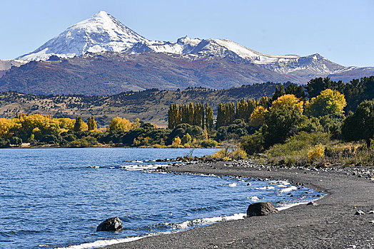 湖,秋天,积雪,火山,安第斯山,巴塔哥尼亚,阿根廷,南美