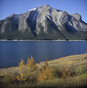 湖,正面,山峦,山,艾伯塔省,加拿大