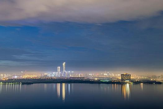 中国苏州城市独墅湖夏日傍晚晚霞夜景风光