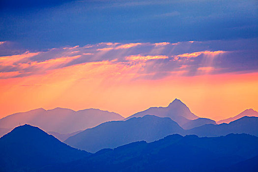 日落,基茨比厄尔,阿尔卑斯山,提洛尔,奥地利