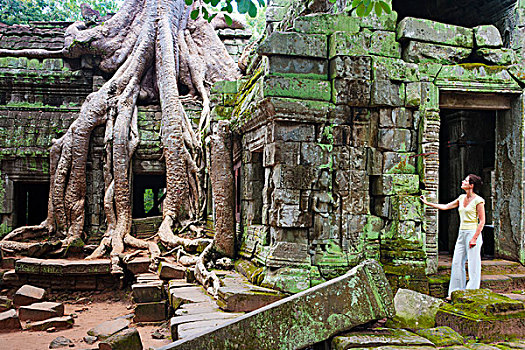 柬埔寨,吴哥,收获,塔普伦寺,庙宇,女人,探索
