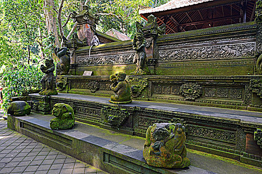 墙壁,雕塑,多样,神,庙宇,乌布,猴子,树林,巴厘岛,印度尼西亚,亚洲