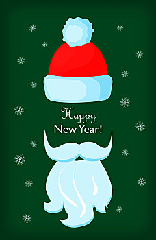新年快乐,圣诞老人,胡须,白色,帽,隔绝,绿色背景,雪花,矢量,插画,卡通,圣诞节,喜庆,设计,风格