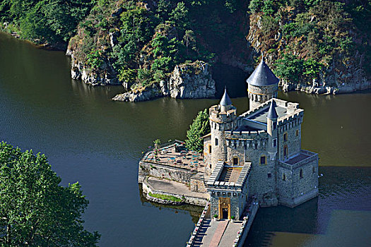 法国,卢瓦尔河,城堡,建造,岩石,顶峰,远眺,水库,航拍