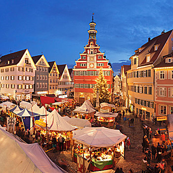 光亮,圣诞市场,正面,老市政厅,埃斯林根,内卡河,巴登符腾堡,德国,欧洲