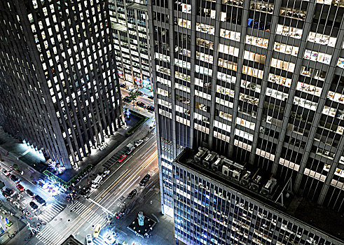 俯视图,街道,夜晚,摩天大楼,前景,纽约,美国