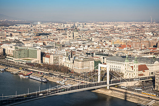 城市,布达佩斯,桥,俯视,多瑙河