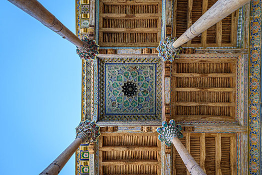 仰视,修长,柱子,陶瓷,砖瓦,天花板,纪念建筑,布哈拉,乌兹别克斯坦