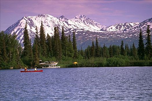 独木舟,水上飞机,露营,手指,湖,阿拉斯加山脉,夏天
