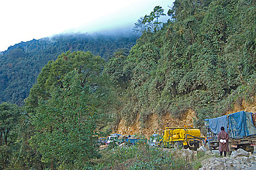塞车,山,公路,不丹,十一月,2007年