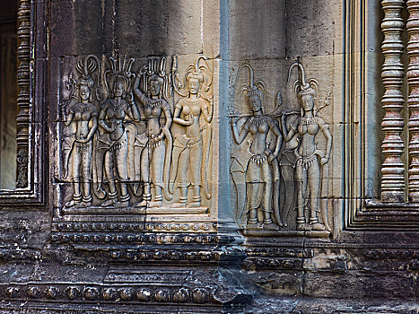 雕塑,雕刻,墙壁,庙宇,收获,柬埔寨