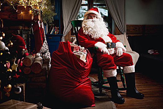 头像,圣诞老人,坐,椅子,袋,满,礼物
