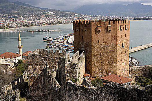 土耳其,阿兰亚,南海岸,城镇,红色,塔,港口,地标,前景,老城墙
