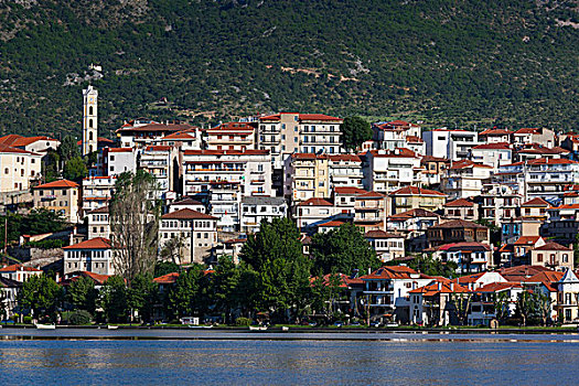 希腊,西部,马其顿,风景,城镇,湖,早晨