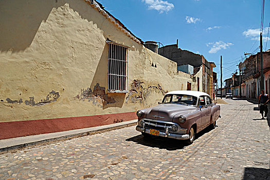 加勒比,古巴,圣斯皮里图斯,特立尼达,涂绘,房子,街道,汽车