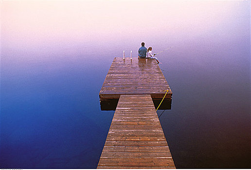 男人,女孩,码头,钓鱼,湖,安大略省,加拿大